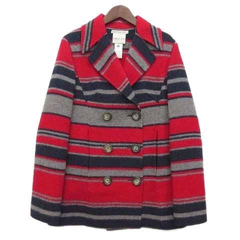 Celine Wool Double Face Border Peacoat Red Navy Gray Coat 36