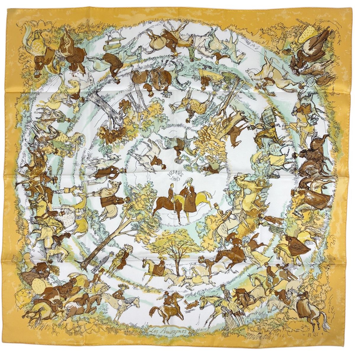 Hermes Carre 90 les Amazones Scarf on Horseback Silk Yellow Multicolor