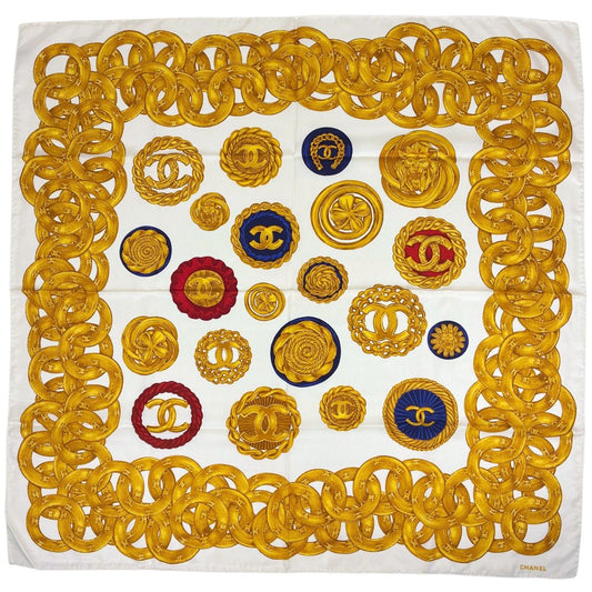 Chanel Scarf CC Logo Silk White Multicolor
