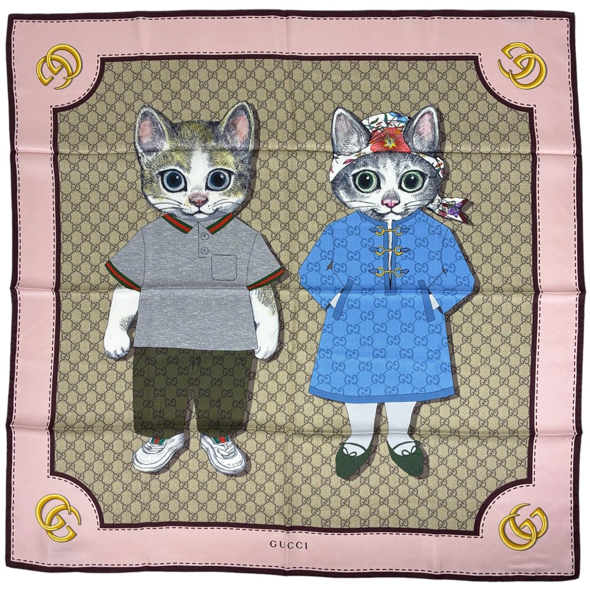 Gucci Scarf GG Pattern Yuko Higuchi Silk Pink Beige Multicolor