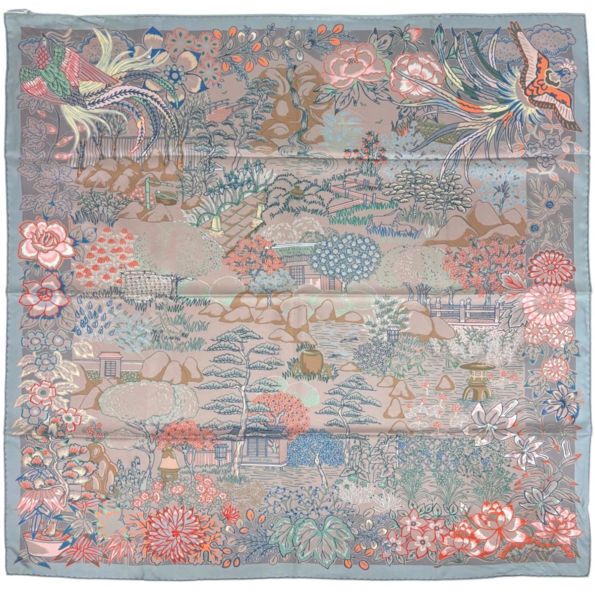 Hermes Carre 90 Mille Feuilles de Soie Scarf Feuille de Double Face Silk Gray