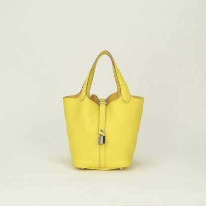 Hermes Picotin Lock PM Tote Taurillon Clemence Lime Yellow Silver