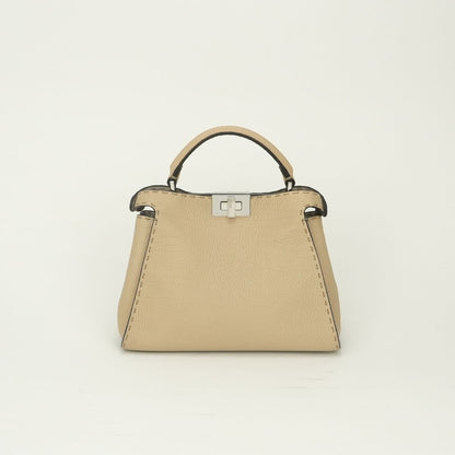 Fendi Peekaboo Essential Selleria Tote Shoulder Bag Leather Beige Silver 2-Way