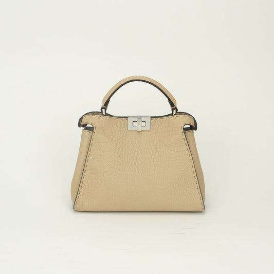 Fendi Peekaboo Essential Selleria Tote Shoulder Bag Leather Beige Silver 2-Way