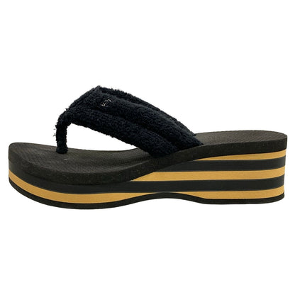 Chanel Beach Sandals Black Light Brown CC Logo Border Wedge Cotton