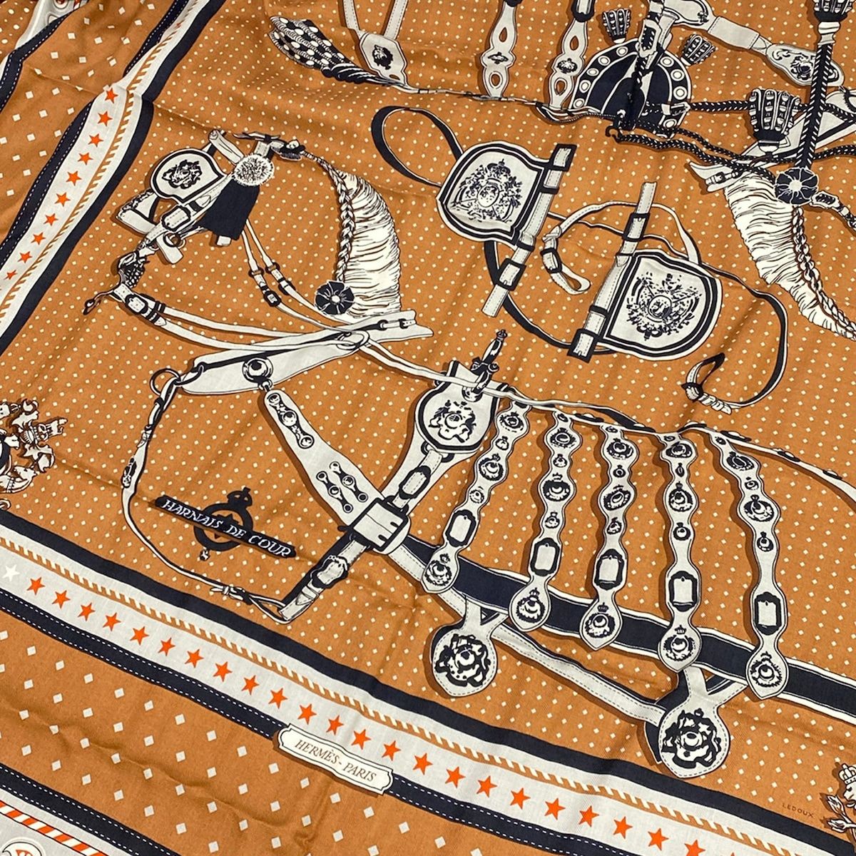 Hermes Shawl Carre 140 Brown Light Gray Multi Harnais de Cour Cashmere Silk — view 4
