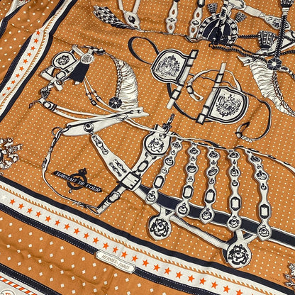 Hermes Shawl Carre 140 Brown Light Gray Multi Harnais de Cour Cashmere Silk — view 4