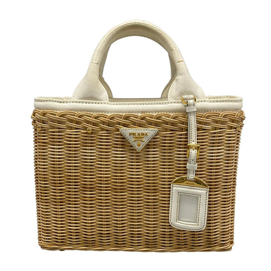Prada Tote Medium Wicker Canvas Beige Ivory Basket