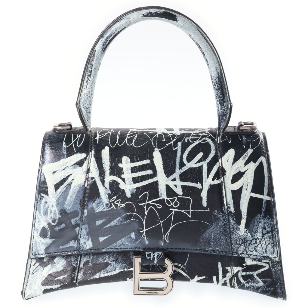 Balenciaga Hourglass Graffiti Small 2-Way Shoulder Bag Black Leather