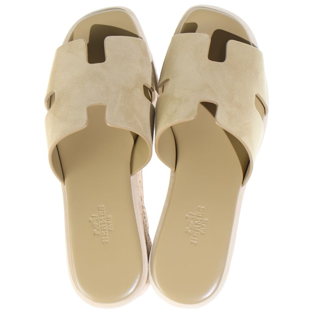 Hermes Eze Wedge Sole Sandals Thick Suede Cork Beige — view 4