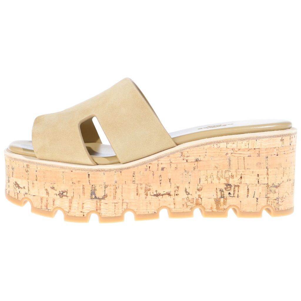 Hermes Eze Wedge Sole Sandals Thick Suede Cork Beige — view 2