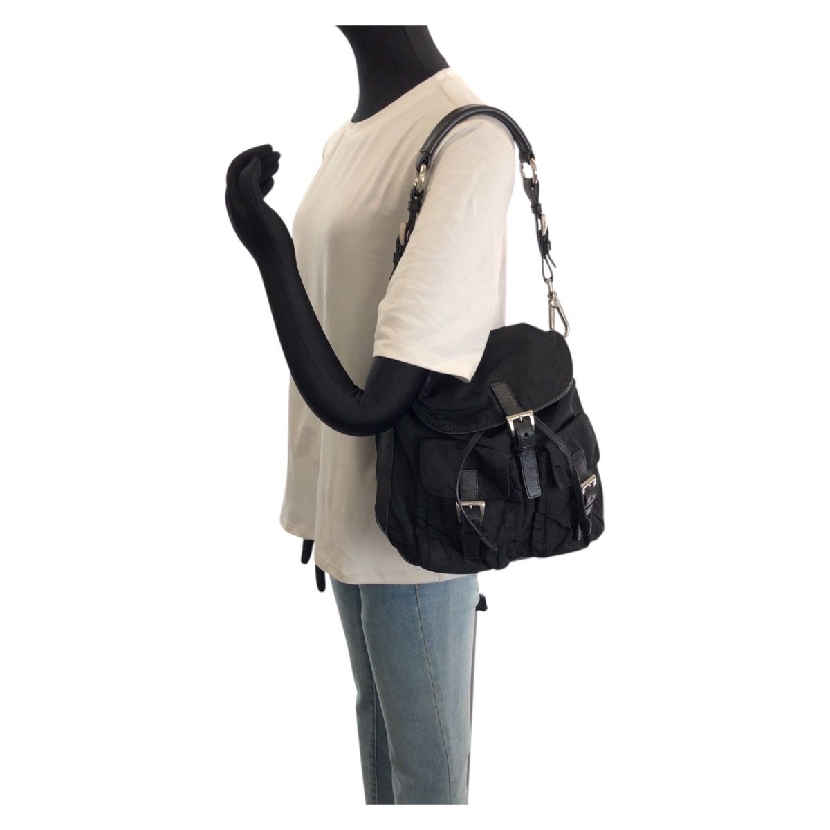 Prada Tessuto Black Silver Nylon Leather Shoulder Bag Pochette — view 7