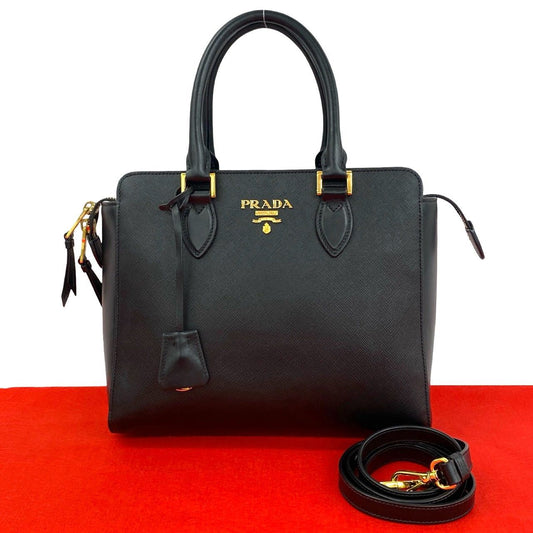 Prada Logo Leather 2-Way Shoulder Bag Mini Tote Black