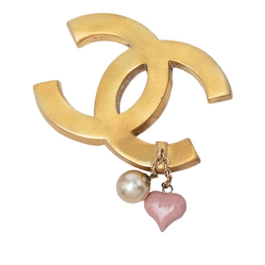 Chanel CC Logo Heart Motif Brooch Gold Pink Plated Faux Pearl