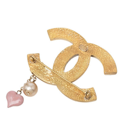 Chanel CC Logo Heart Motif Brooch Gold Pink Plated Faux Pearl — view 2