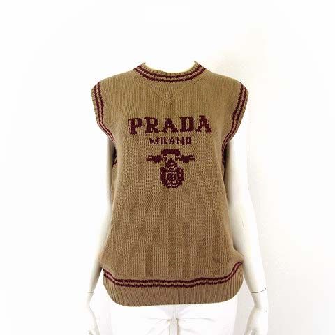 Prada Wool Cashmere Knit Vest Sleeveless Sweater and Logo Jacquard S Camel 38
