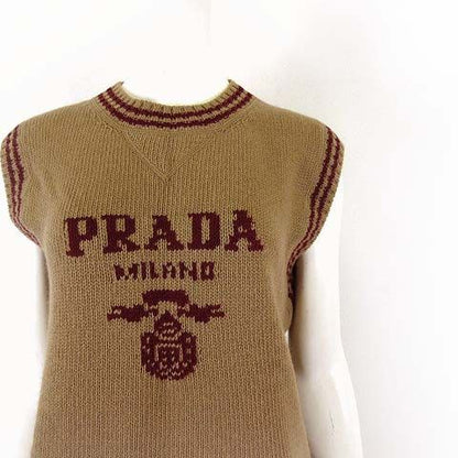 Prada Wool Cashmere Knit Vest Sleeveless Sweater and Logo Jacquard S Camel 38 — view 2