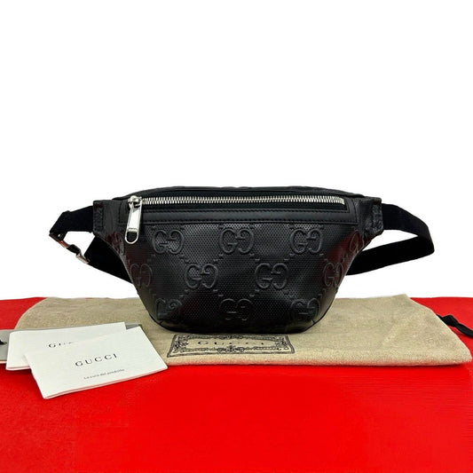 Gucci Jumbo GG Logo Pattern Leather Belt Bag Waist Pouch Black