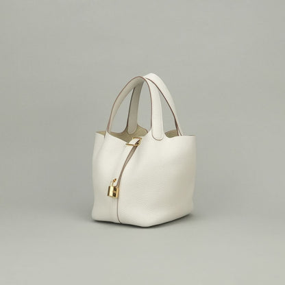 Hermes Picotin Lock PM 18 Tote Taurillon Clemence Gray Pale White Gold — view 2