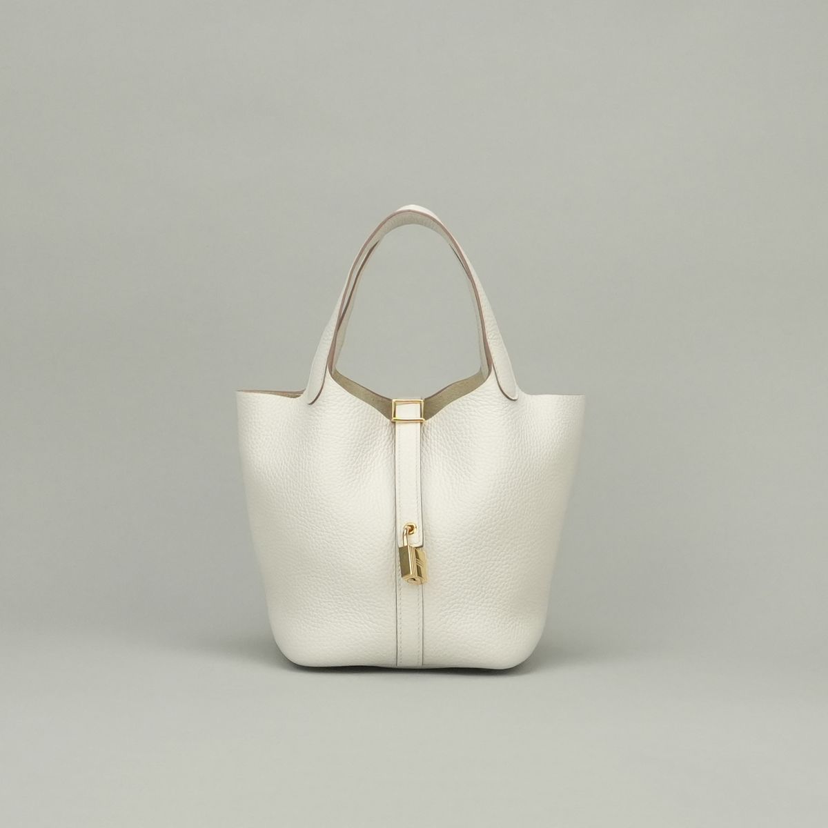 Hermes Picotin Lock PM 18 Tote Taurillon Clemence Gray Pale White Gold