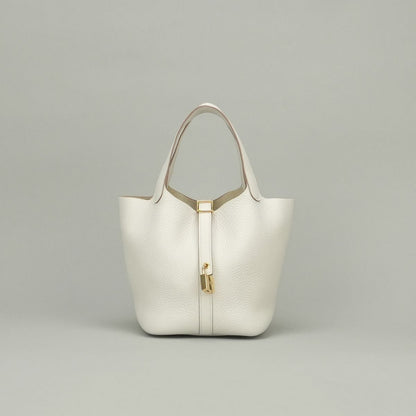 Hermes Picotin Lock PM 18 Tote Taurillon Clemence Gray Pale White Gold
