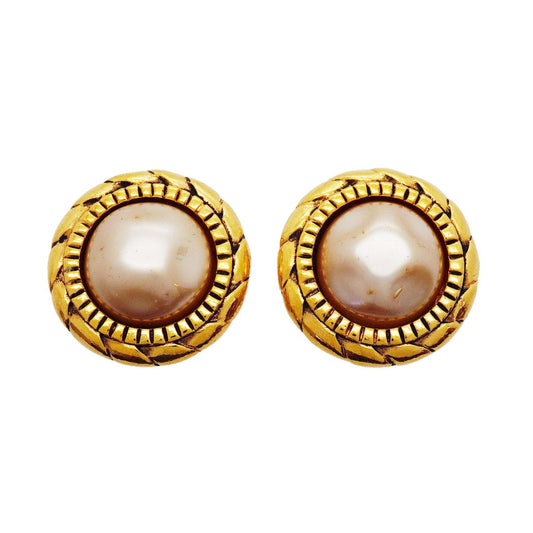 Chanel Earrings Vintage Round Circle Gold Plated Faux Pearl