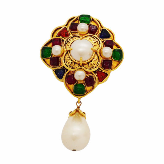 Chanel Brooch Vintage CC Logo Gold Plated Faux Pearl Gripoix Multicolor