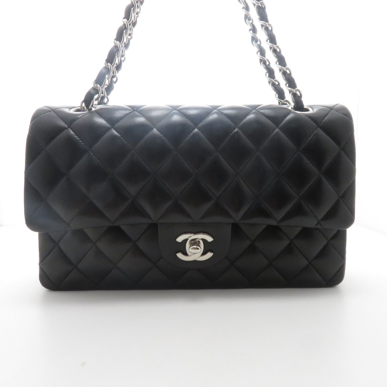 Chanel Quilted Double Flap 25 Chain Shoulder Bag Black Silver Lambskin
