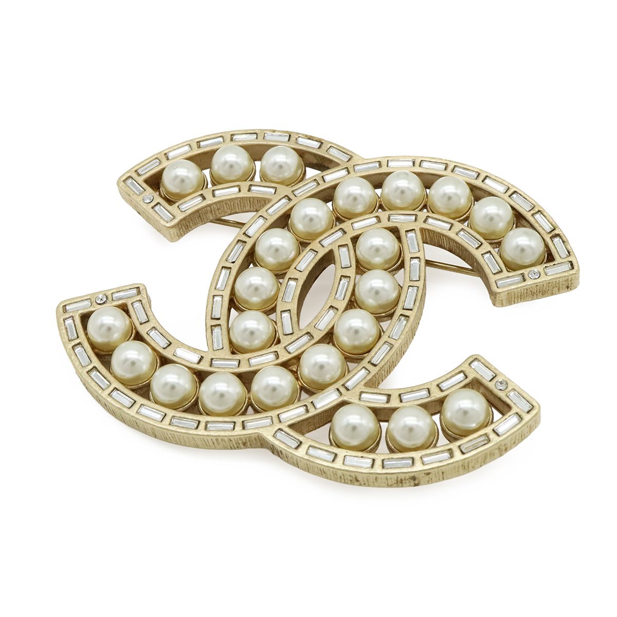 Chanel CC Logo Jumbo CC Brooch Faux Pearl Bijou Rhinestone Gold Plated