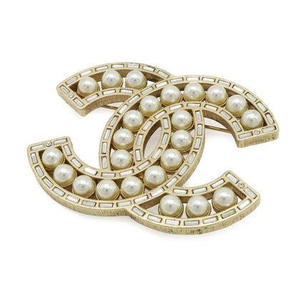 Chanel CC Logo Jumbo CC Brooch Faux Pearl Bijou Rhinestone Gold Plated
