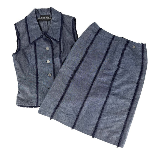 Chanel Set Vest Skirt Vintage Navy Gunmetal Cotton Polyester Autumn Winter