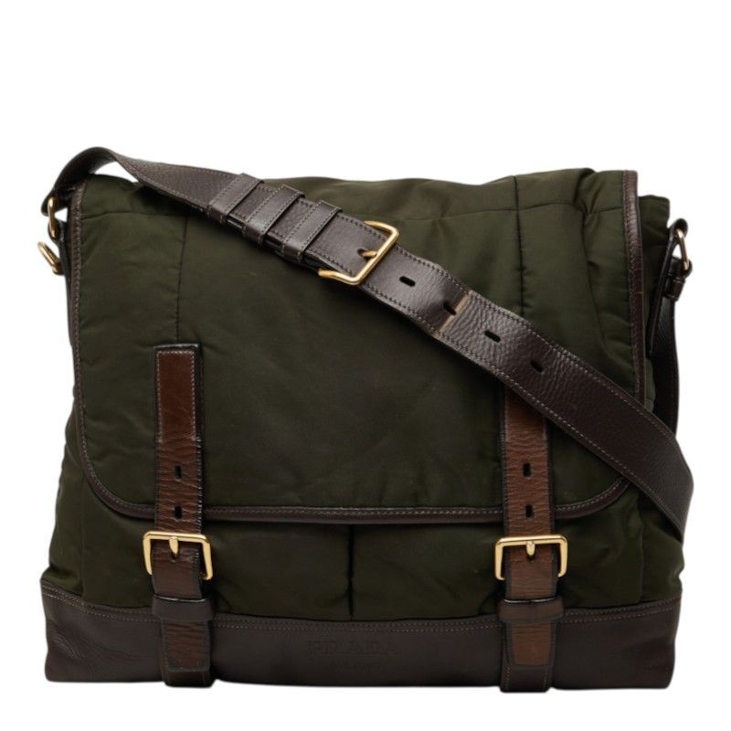 Prada Messenger Bag Crossbody Khaki Nylon Leather