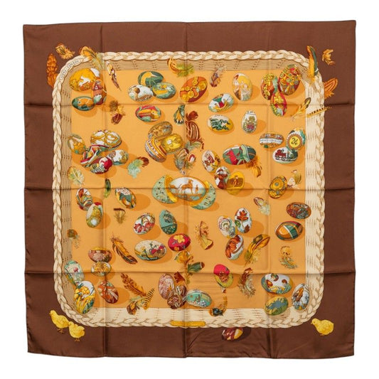 Hermes Carre 90 Couvee D'hermes Eggs Scarf Brown Multicolor Silk