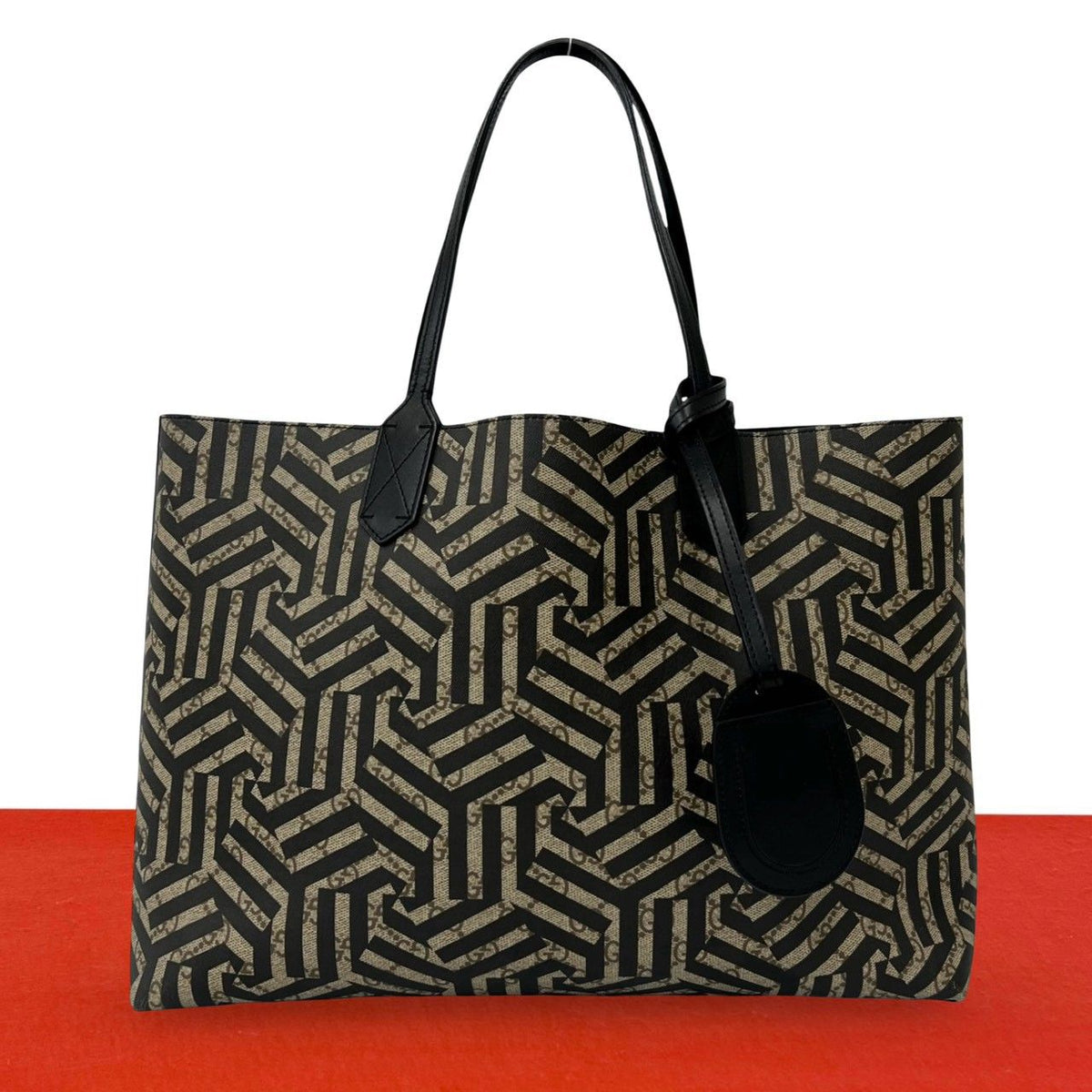 Gucci GG Carre Id Reversible Leather Tote Shoulder Bag Brown