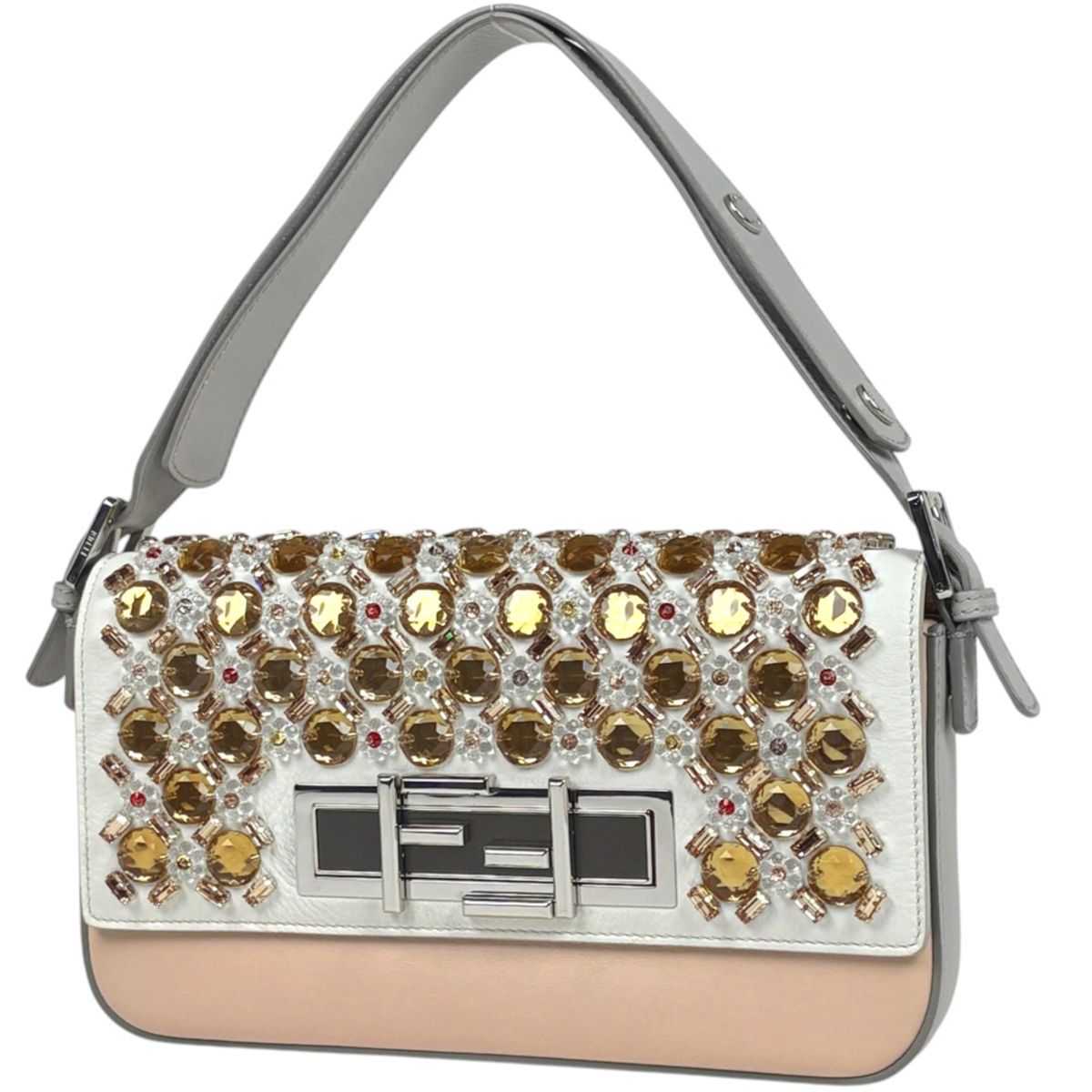 Fendi Shoulder Bag 3 Tre Bucket Rhinestone Bijou Leather White Pink 8 BR