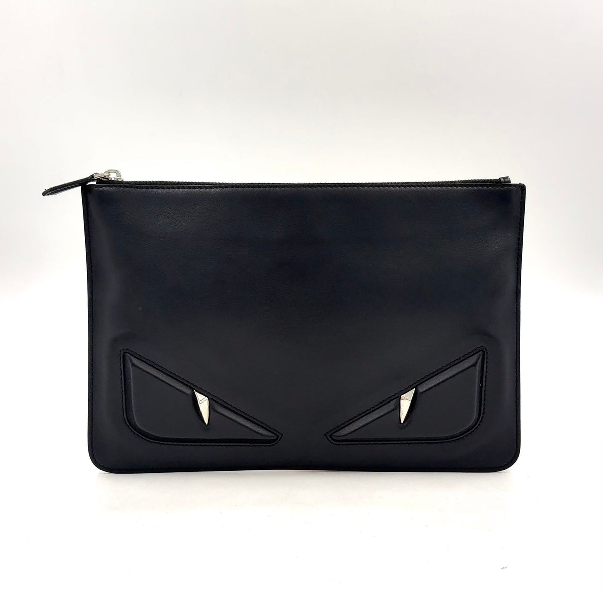 Fendi Bugs Monster Flat Slim Leather Black Clutch Silver