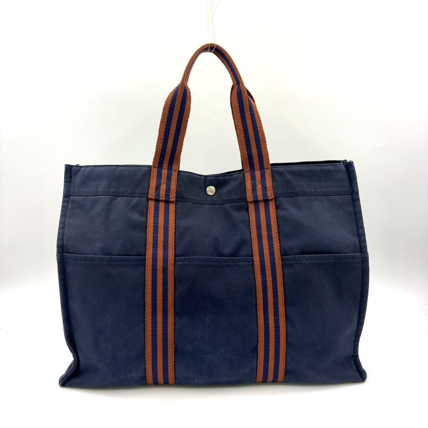 Hermes Fourre Tout MM Canvas Navy Brown Tote Silver