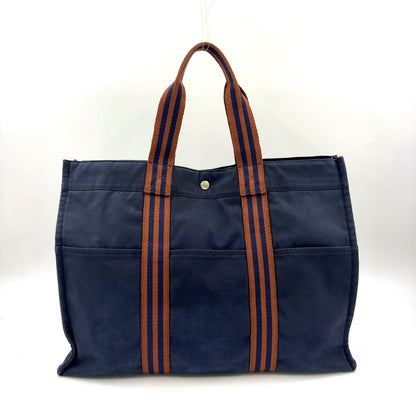 Hermes Fourre Tout MM Canvas Navy Brown Tote Silver