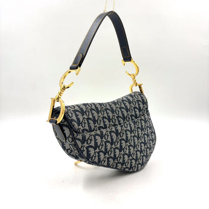 Dior Saddle Bag Trotter Oblique Pattern Leather Canvas Navy Black Gold — view 2