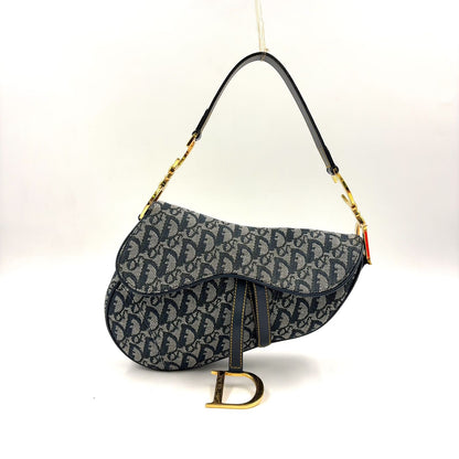 Dior Saddle Bag Trotter Oblique Pattern Leather Canvas Navy Black Gold