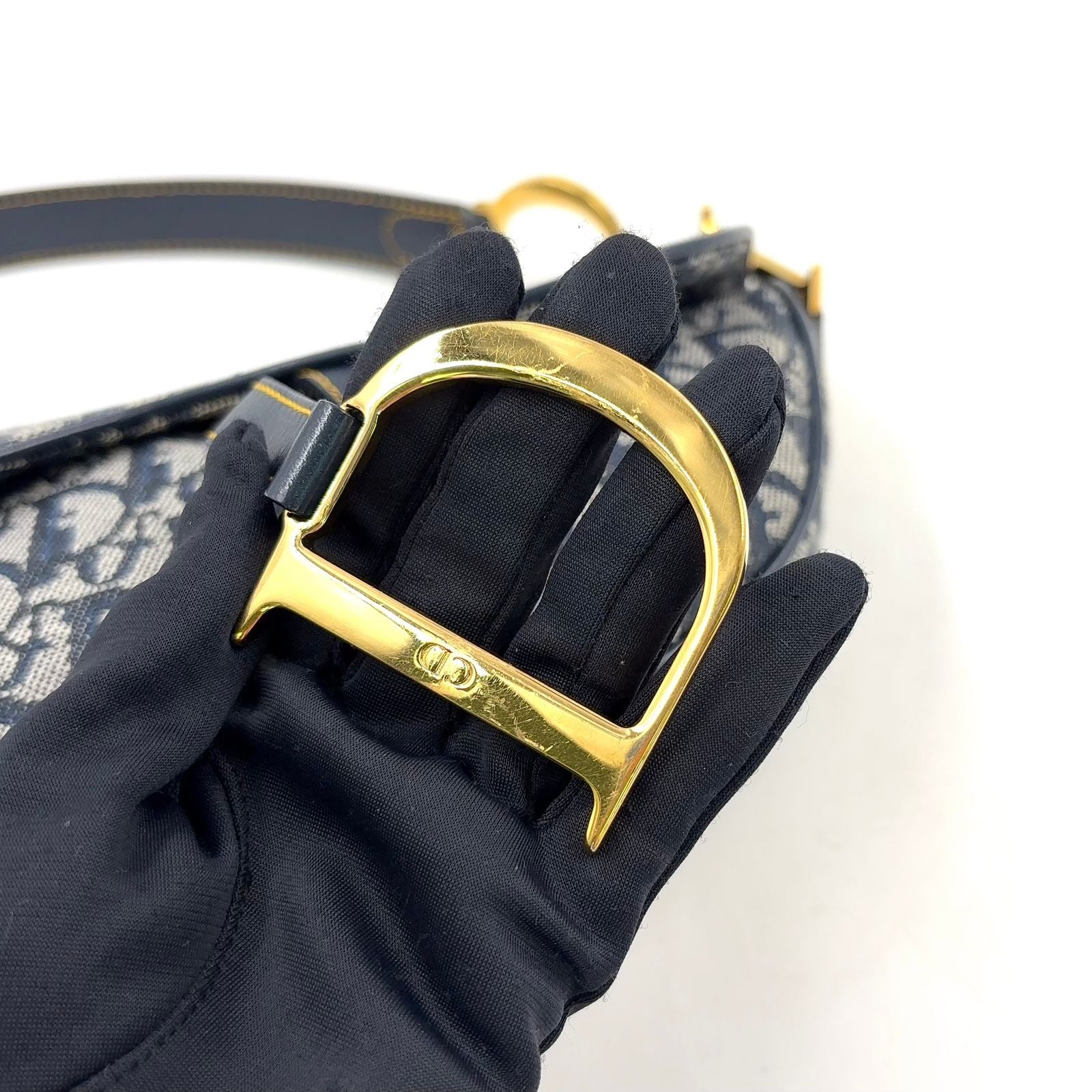 Dior Saddle Bag Trotter Oblique Pattern Leather Canvas Navy Black Gold — view 7