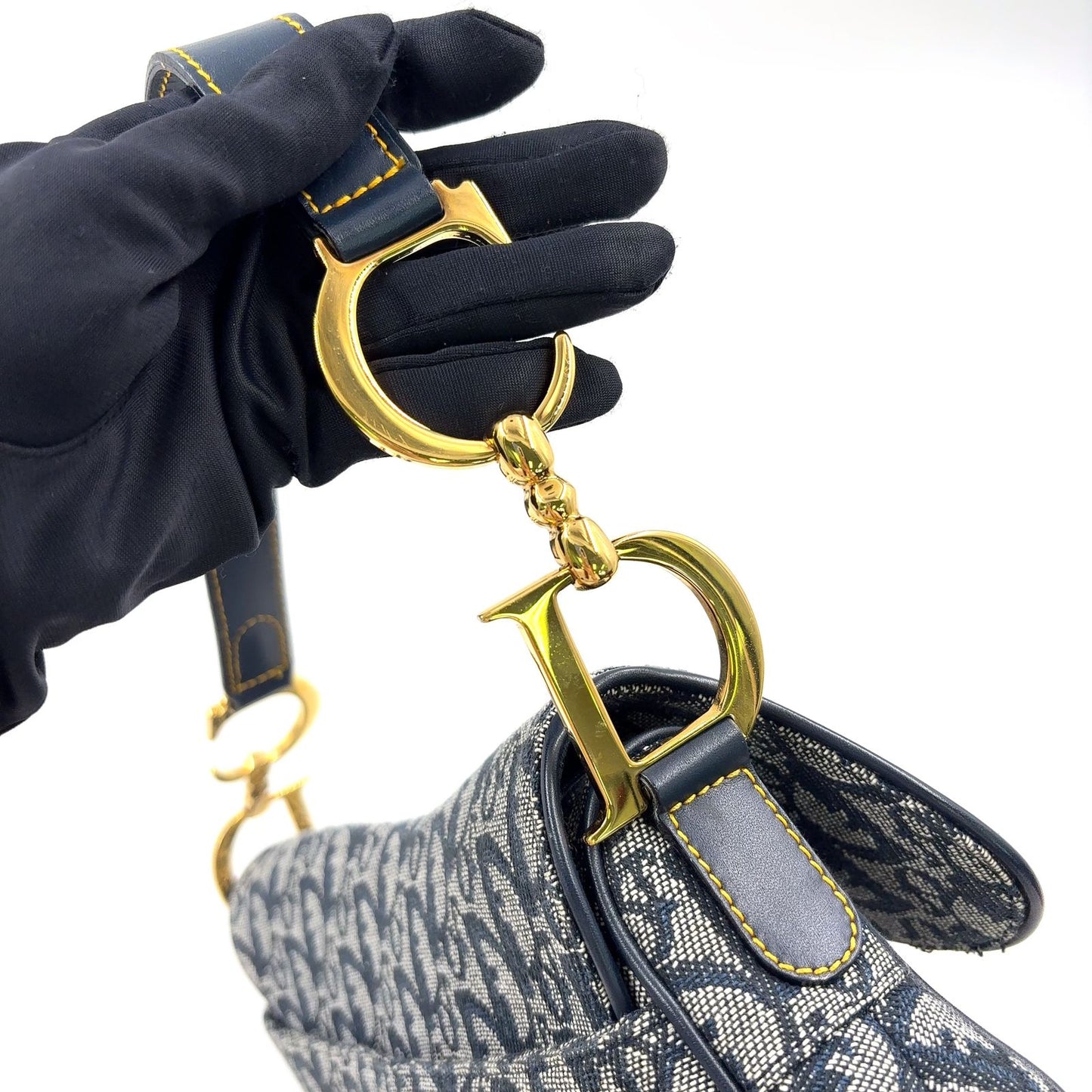 Dior Saddle Bag Trotter Oblique Pattern Leather Canvas Navy Black Gold — view 8
