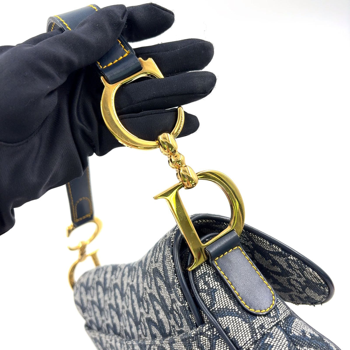 Dior Saddle Bag Trotter Oblique Pattern Leather Canvas Navy Black Gold — view 8