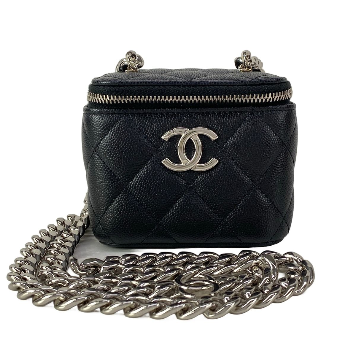 Chanel Vanity Quilted Black Chain Shoulder Silver Mini Bag