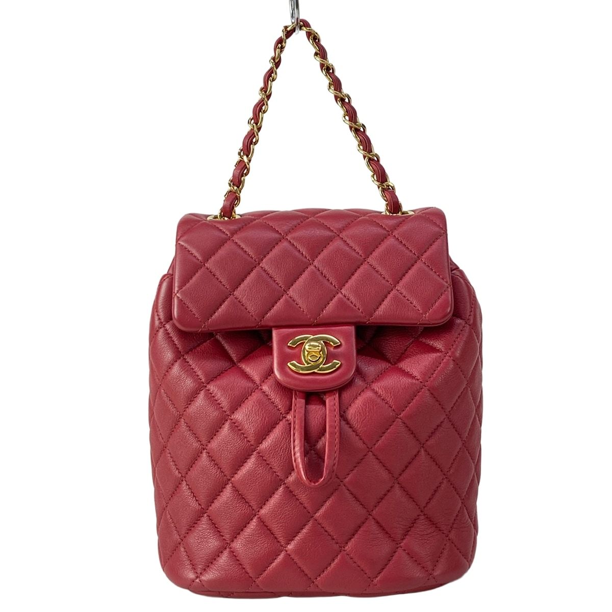 Chanel Backpack Quilted Red Chain Shoulder Gold Lambskin