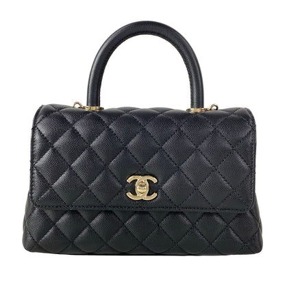 Chanel Handbag Small Top Handle Flap Bag Quilted Coco XS Black Gold