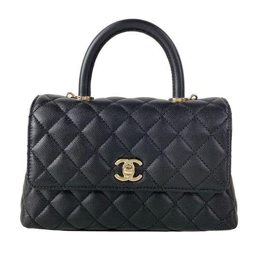 Chanel Handbag Small Top Handle Flap Bag Quilted Coco XS Black Gold