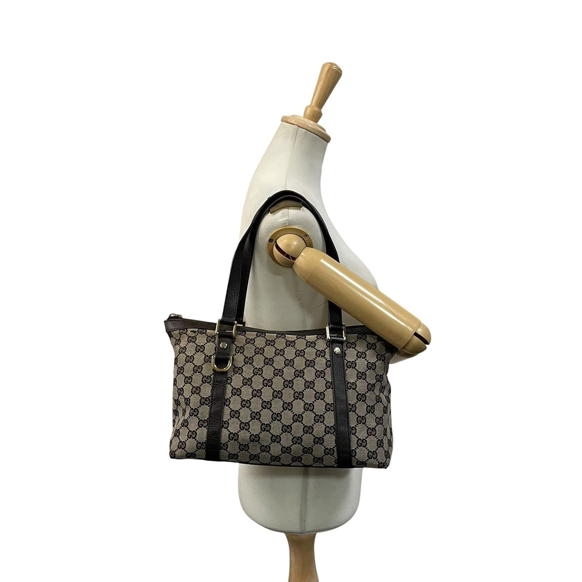 Gucci GG Canvas Leather Tote Shoulder Bag Gray Dark Brown Gold Charm — view 4