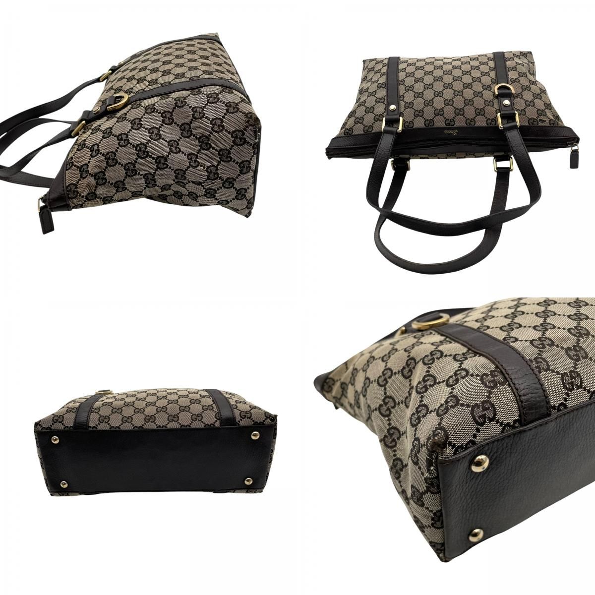 Gucci GG Canvas Leather Tote Shoulder Bag Gray Dark Brown Gold Charm — view 7