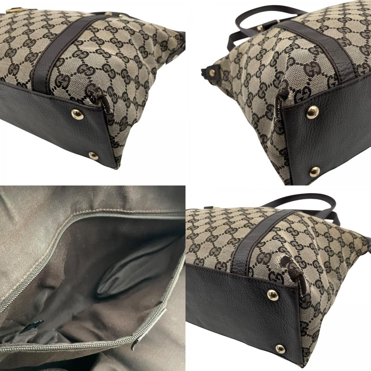 Gucci GG Canvas Leather Tote Shoulder Bag Gray Dark Brown Gold Charm — view 8